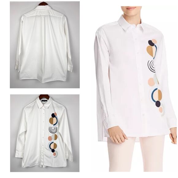 Lafayette 148 New York White S Cotton Poplin Shirt Geometric Button Down Top0 - Picture 7 of 8